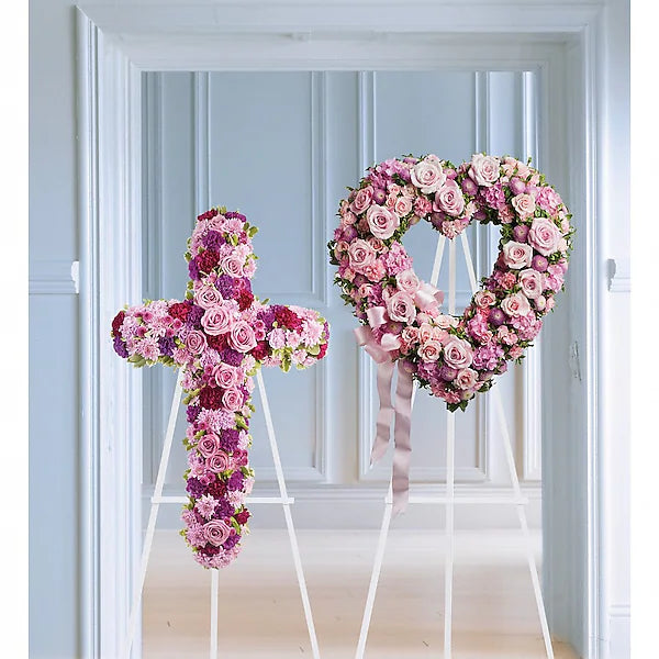 Floral cross and heart wreath on stands