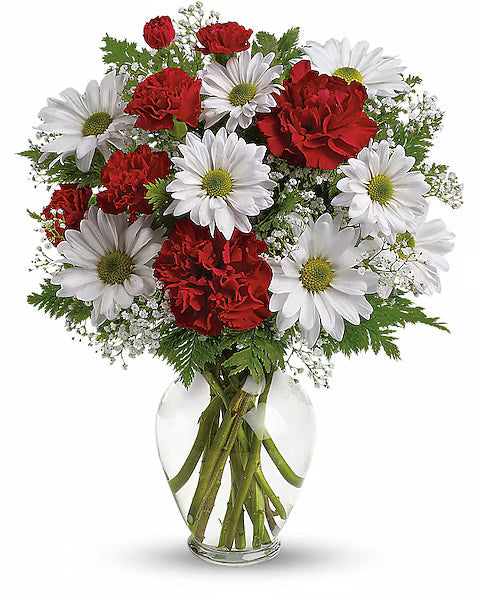 Bouquet of red carnations and white daisies in a clear vase